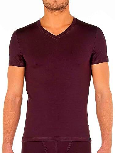 HOM T-Shirt Col V Tencel Soft Camiseta para Mujer, Burdeos